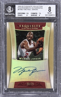 2004-05 UD "Exquisite Collection" Enshrinements Autographs #ENMJ1 Michael Jordan Signed Card (#23/25) – BGS NM-MT 8/BGS 10 - Jordans Jersey Number!